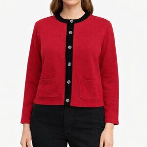 Vintage Lucia Cardigan Sweater Beaded Neckline Velvet Trim Button Front Red